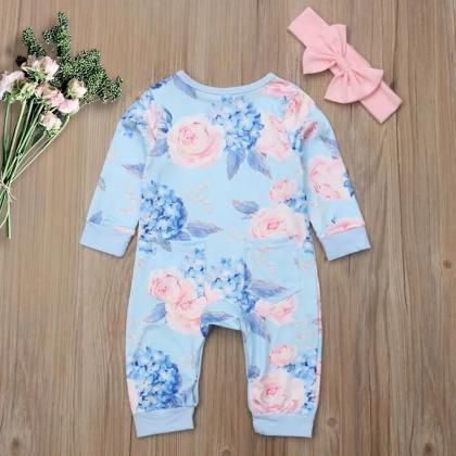 Infant Baby Girls Blue Floral Print Long Sleeve..