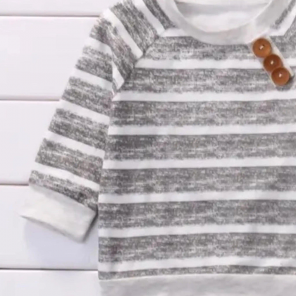 Baby Boys Outfit Gray And White Striped Cotton Top..