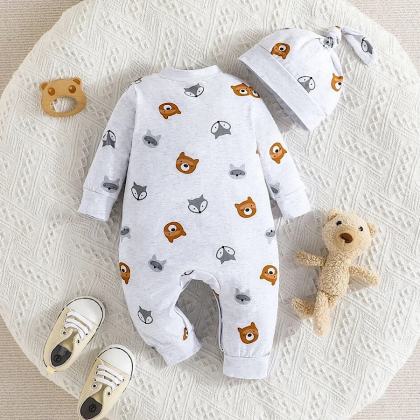Baby Boys Romper Outfit Long Sleeve Teddy Bear..