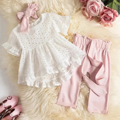 Baby Girls Spring Hollowed White Eyelet Top Belted..