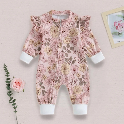 Baby Girls Pink Floral Print Long Sleeve Zip Up..
