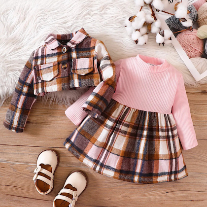 Baby Toddler Girls Pink And Brown Plaid Dress Long..