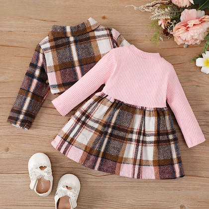 Baby Toddler Girls Pink And Brown Plaid Dress Long..