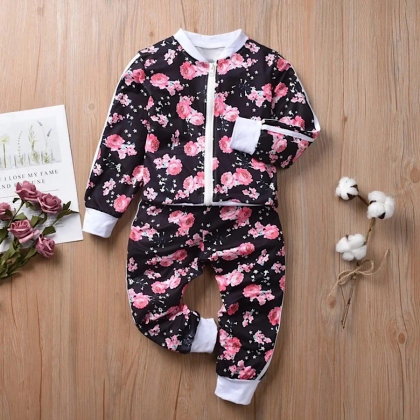 Toddler Girls Pink And Navy Blue Floral Zip Up..