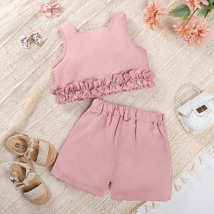 Toddler Girls Summer Outfit Pink Two-piece Ruffled..