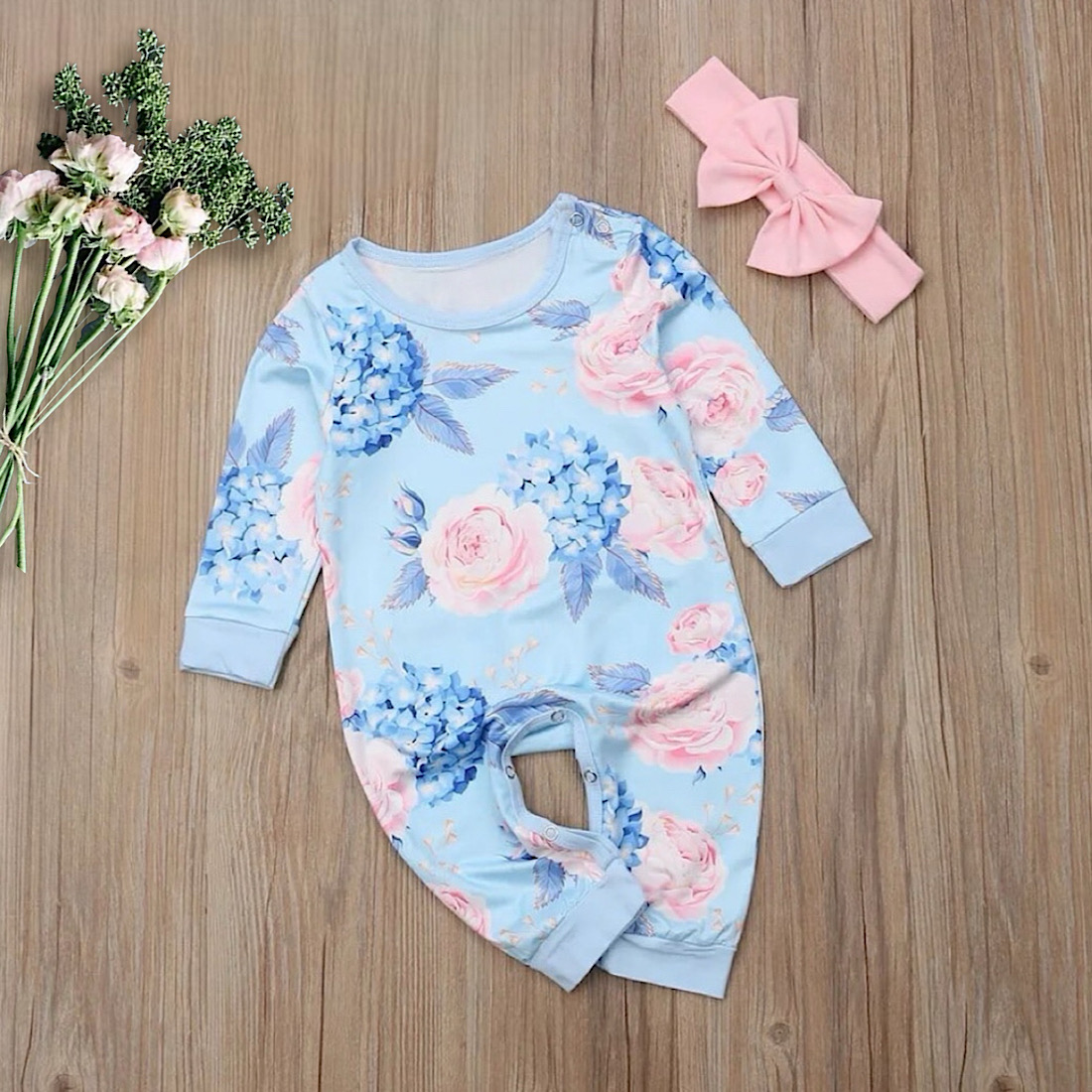 Infant Baby Girls Blue Floral Print Long Sleeve Romper Jumpsuit With Bow 2pc Clothing Set