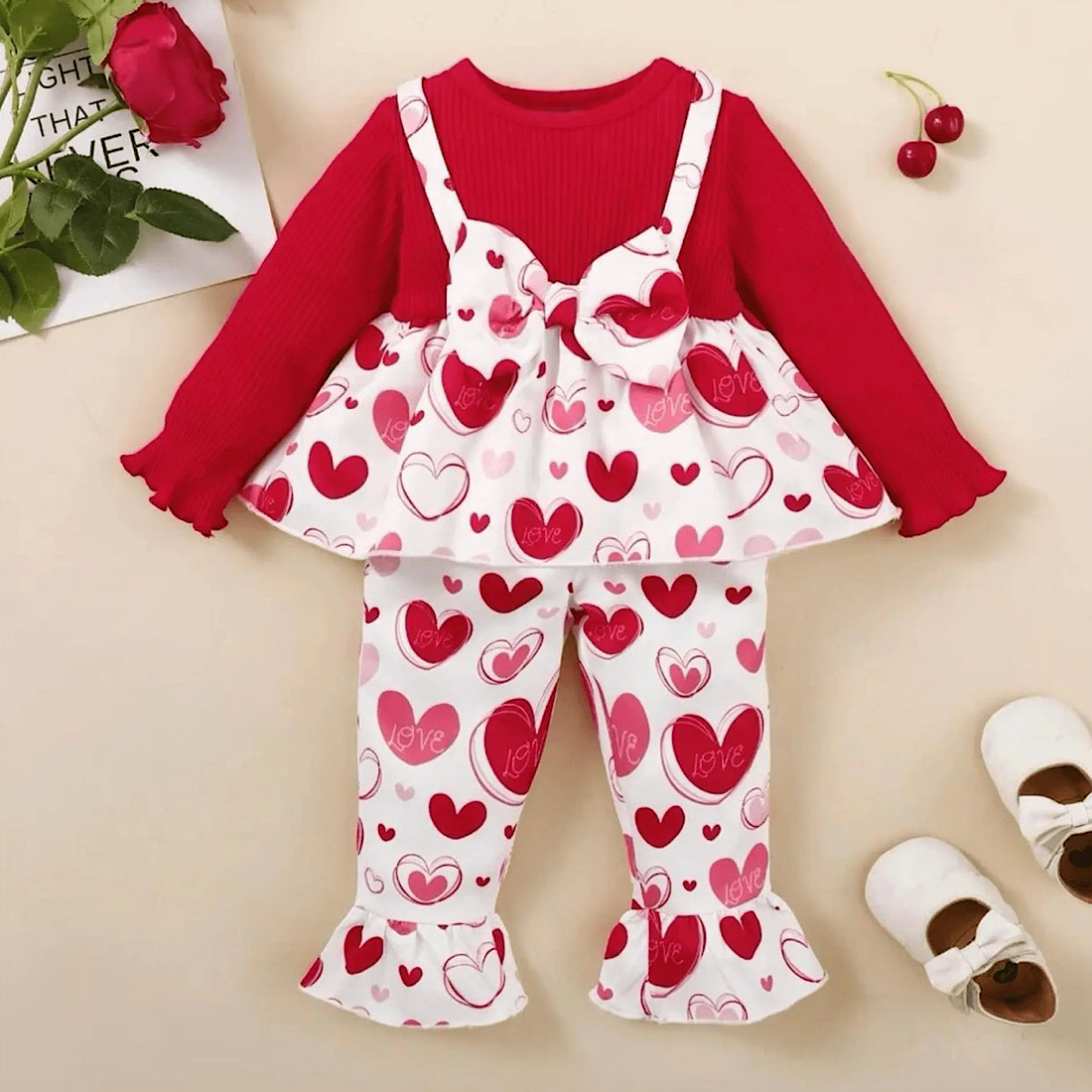 Baby And Toddler Girls Red Heart Ruffled Valentines Day Outfit Bow Top