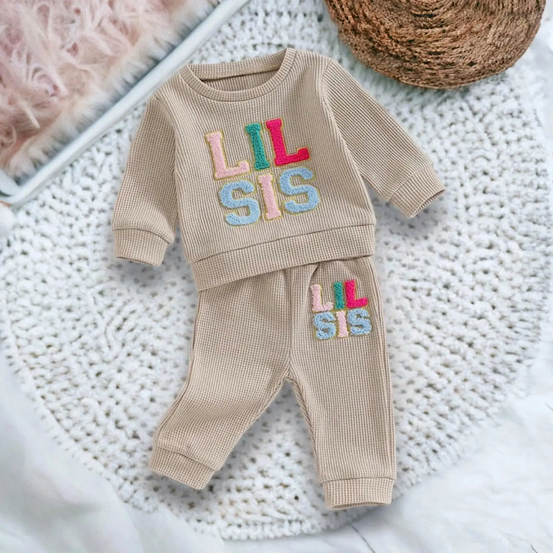 Baby Girls Beige Lil Sis Long Sleeve Cotton Top And Jogger Pants 2pc Clothing Set Kids Clothes