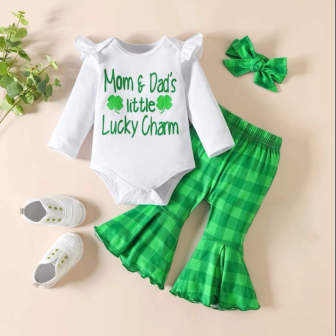 Baby Girls St. Patricks Day Clothing Set Clover Print Long Sleeve Romper Green Plaid Checkered Flared Bell Bottom Pants Outfit