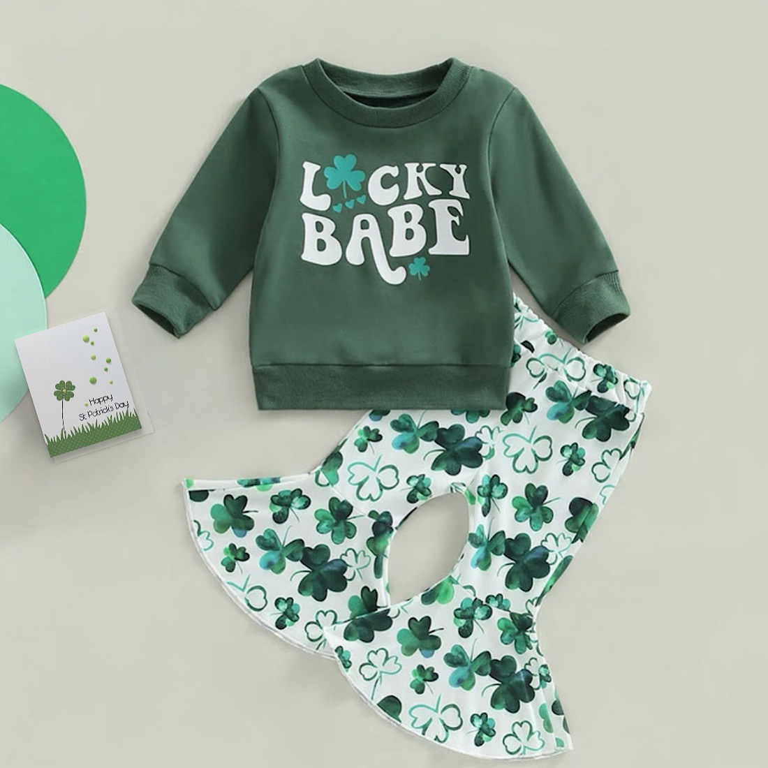 Baby And Toddler Girl Green St. Patricks Day Lucky Print Long Sleeve Sweatshirt And Clover Flared Bell Bottom Pants 2pc Set
