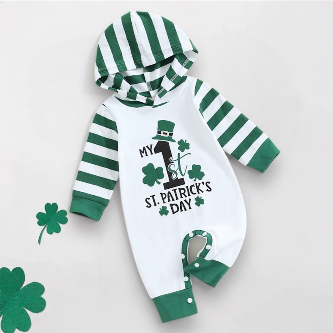 Baby Boy St. Patricks Day Outfit My 1st Long Sleeve Green And White Hooded Romper Jumpsuit