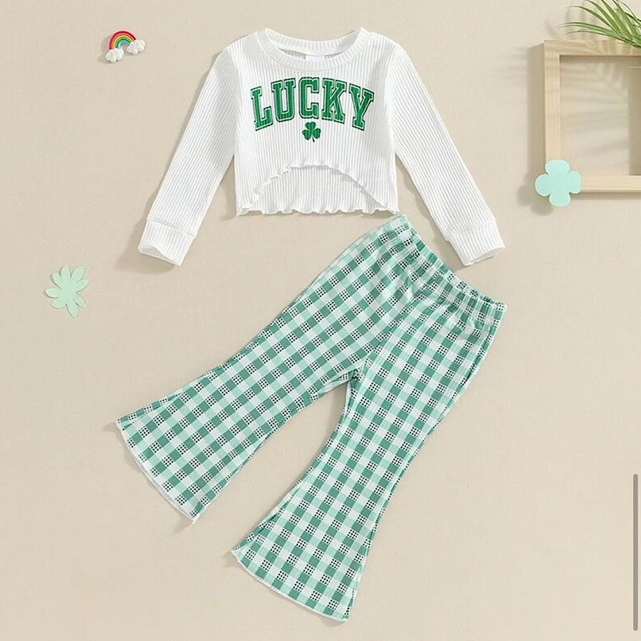 Toddler Girls St. Patricks Day Clothing Set Cotton Lucky Print Top And Checkered Flare Bell Bottom Pants