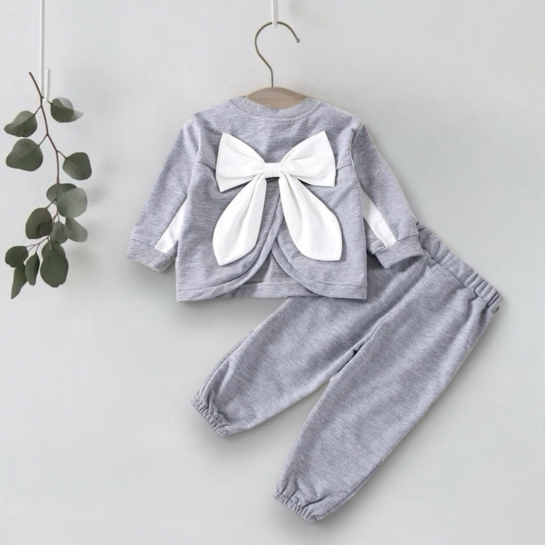 Baby Toddler Girls Casual Outfit Gray And White Big Bow Long Sleeve Top And Jogger Pants 2pc Set