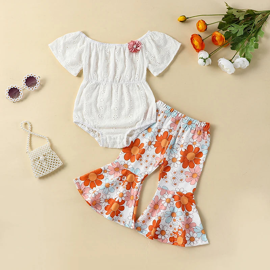 Baby Toddler Girls Spring Outfit Short Ruffle Sleeve White Romper And Floral Bell Bottom Pants 2pc Set