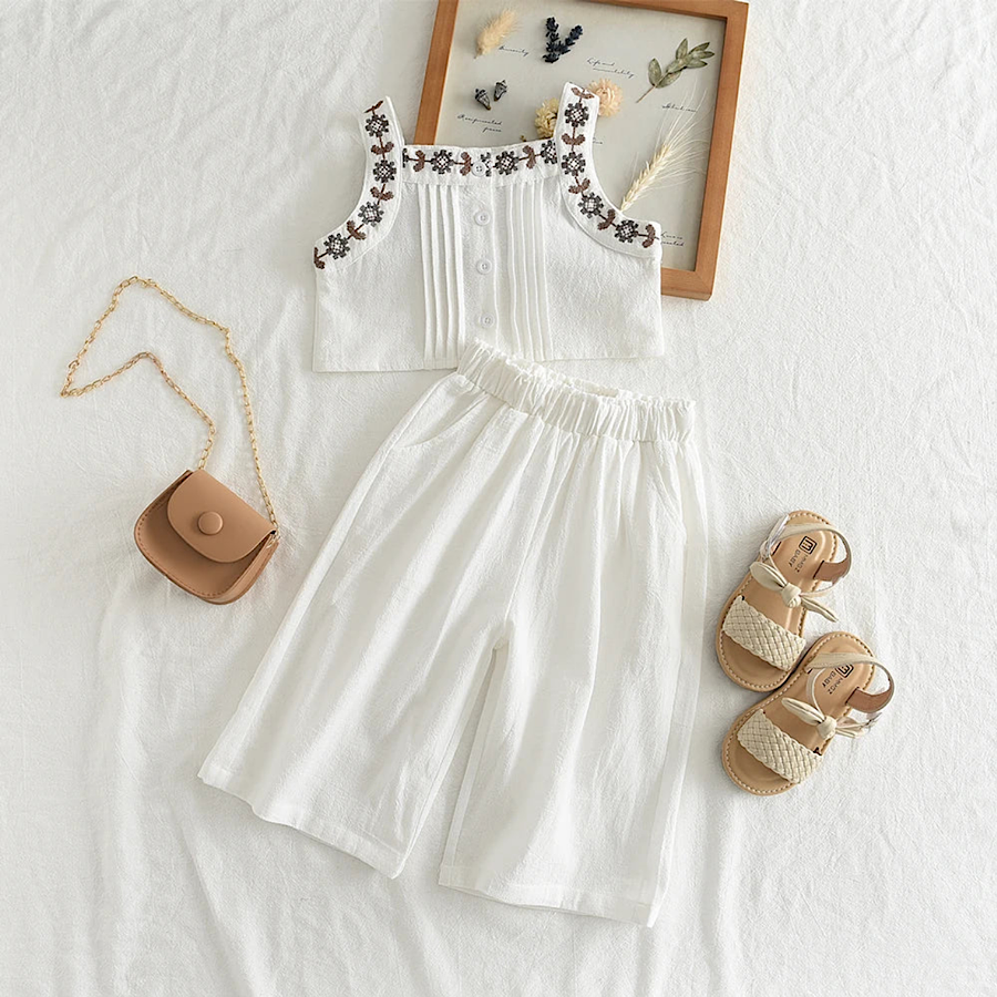 Toddler Little Girls White Embroidered Linen Outfit Sleeveless Top And Pants Set Spring Or Summer Clothing