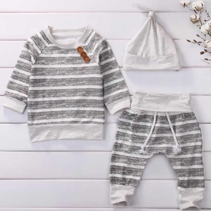 Baby Boys Outfit Gray And White Striped Cotton Top Jogger Pants And Hat Clothing Set, Casual Wear, Boys Clothing Sets