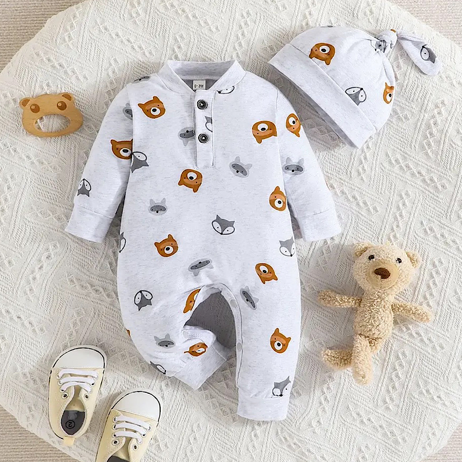 Baby Boys Romper Outfit Long Sleeve Teddy Bear Print Jumpsuit And Hat 2pc Set