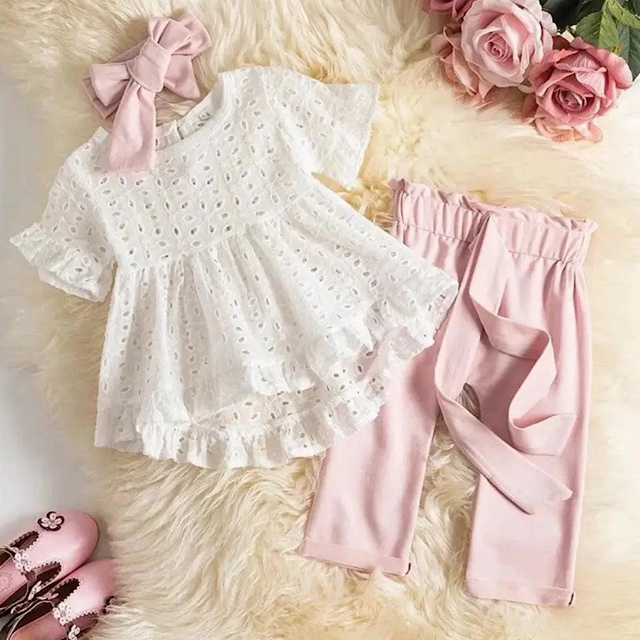 Baby Girls Spring Hollowed White Eyelet Top Belted Pants And Headband 3pc Clothing Set Usa