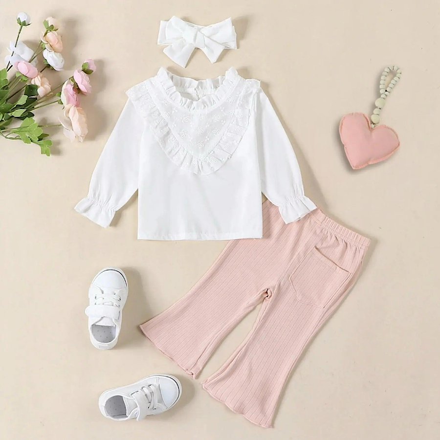 Baby Toddler Girls Pink Outfit Long Sleeve White Lace Ruffled Top And Flare Bell Bottom Pants And Headband 3pc Set