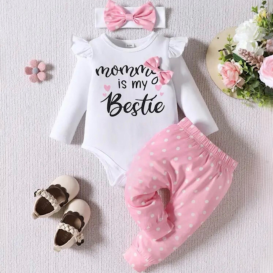 Infant Baby Girl Mommy Is My Bestie Graphic Print Long Sleeve Romper Pants And Headband 3pc Clothing Set