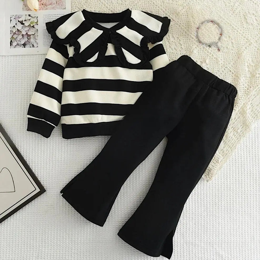 Toddler And Little Girls Spring Clothing Set Long Sleeve Striped Ruffle Neck Sweater And Flared Bell Bottom Pants Outfit
