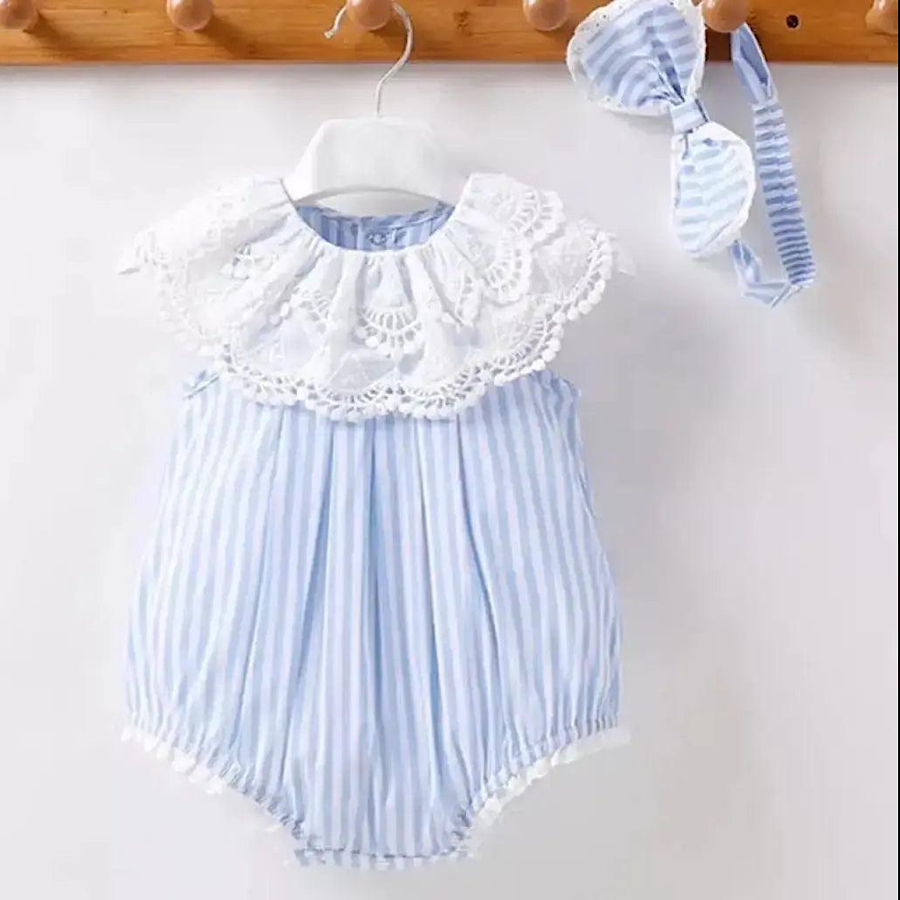 Baby Toddler Girls Romper Blue White Striped Lace Trim Jumpsuit Summer One Piece Outfit