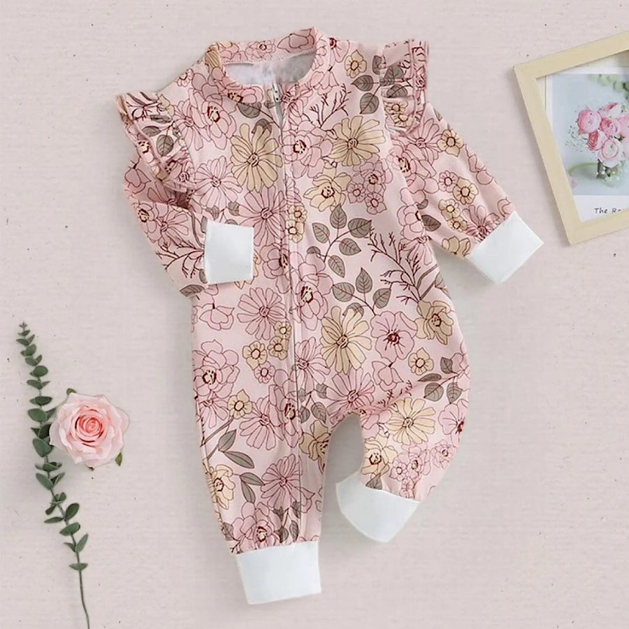 Baby Girls Pink Floral Print Long Sleeve Zip Up Romper Jumpsuit One Piece Outfit