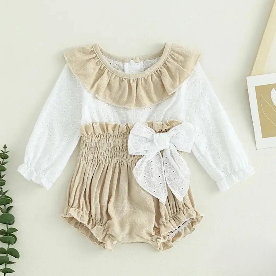 Infant Baby Girls Long Sleeve Romper Hollow Eyelet Big Bow Beige And White Jumpsuit One Piece Outfit