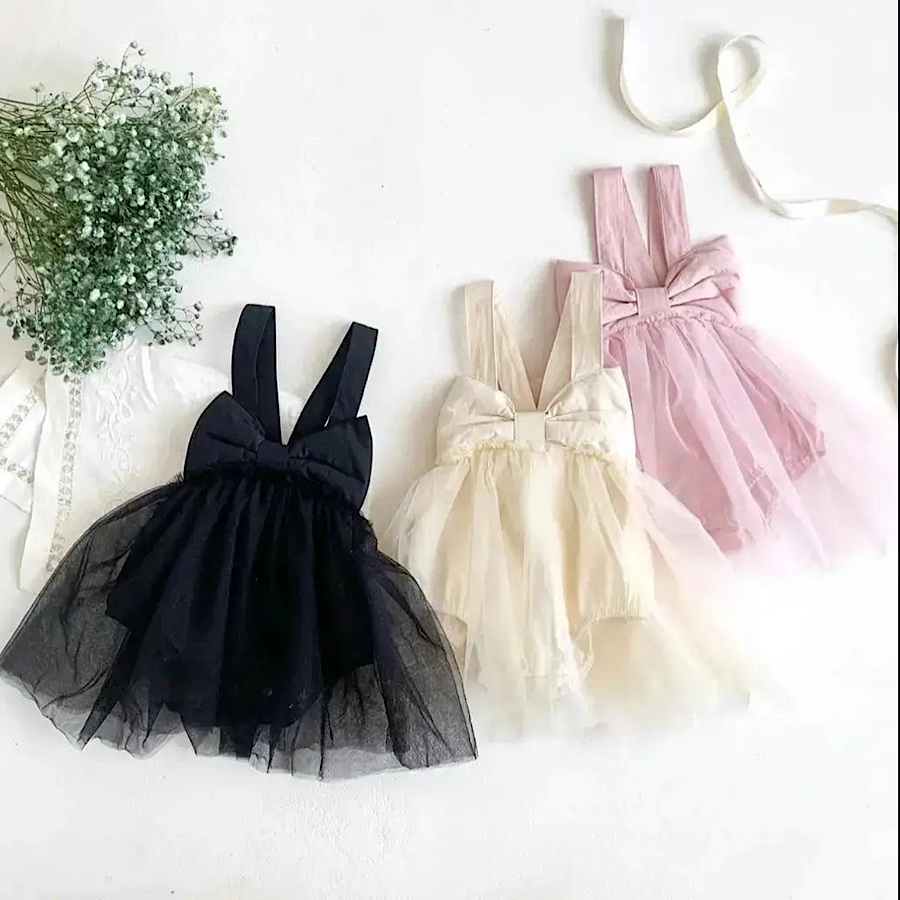 Infant Baby Girls Smocked Tie Strap Tulle Tutu Summer Romper Dress One Piece Outfit