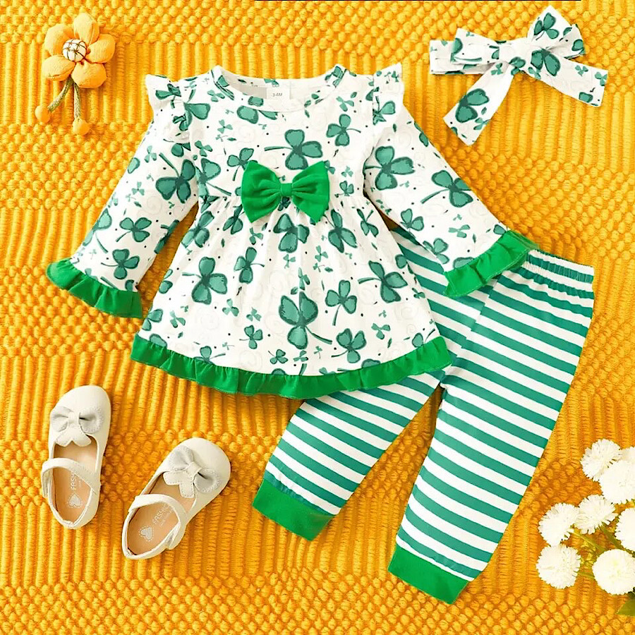 Baby And Toddler Girls St. Patrick Day Four Leaf Clover Long Sleeve Tunic Top Pants And Bow Headband 3pc Set