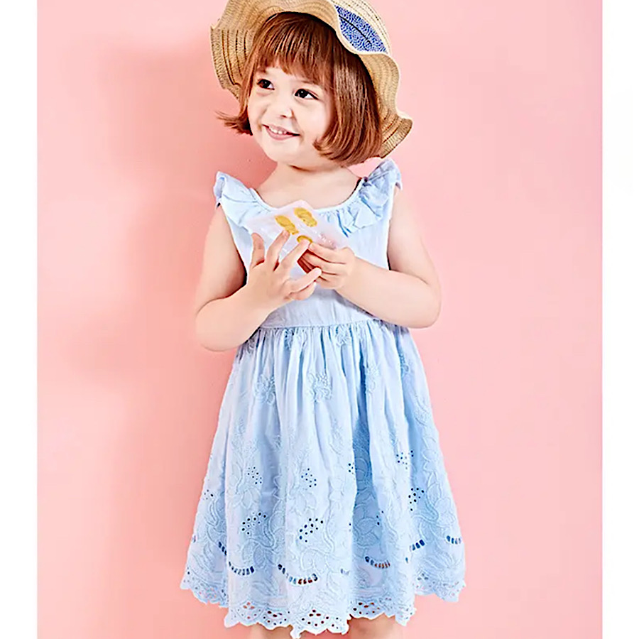 Toddler Little Girls Sleeveless Blue Ruffled Eyelet Cotton Spring Summer Dress Casual Or Dressy