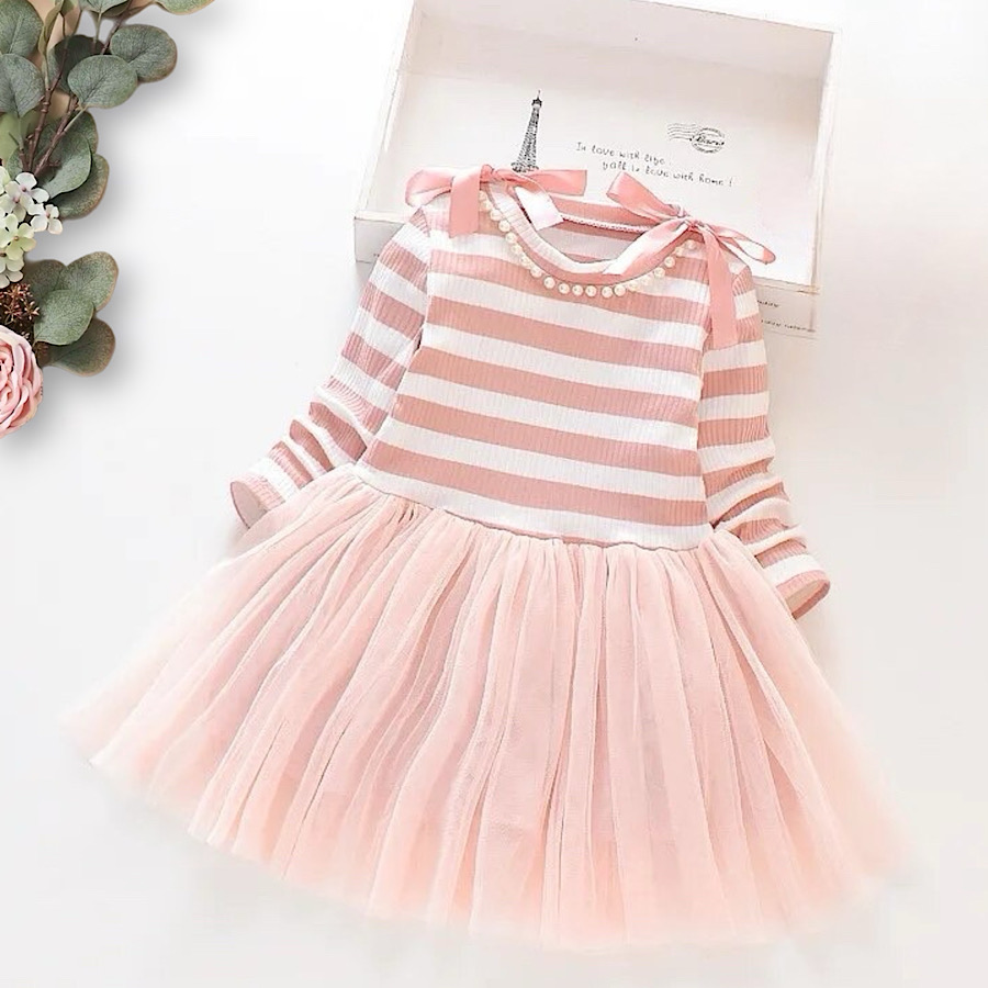 Baby Toddler Girls Pink And Whtie Striped Pearl And Bow Trim Princess Tutu Dress