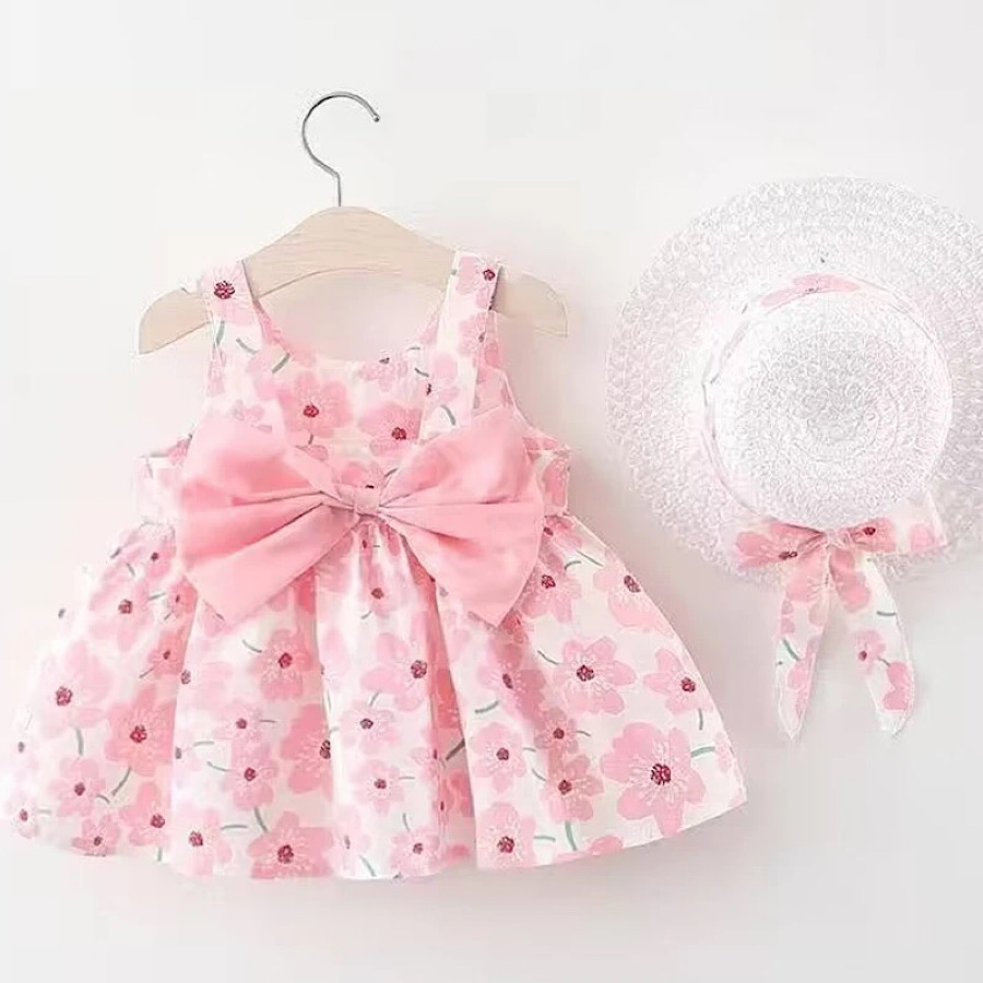 Baby Toddler Girls Pink Or Blue Floral Print Cotton Bow Dress And Straw Hat Set Spring Or Summer Easter Dress