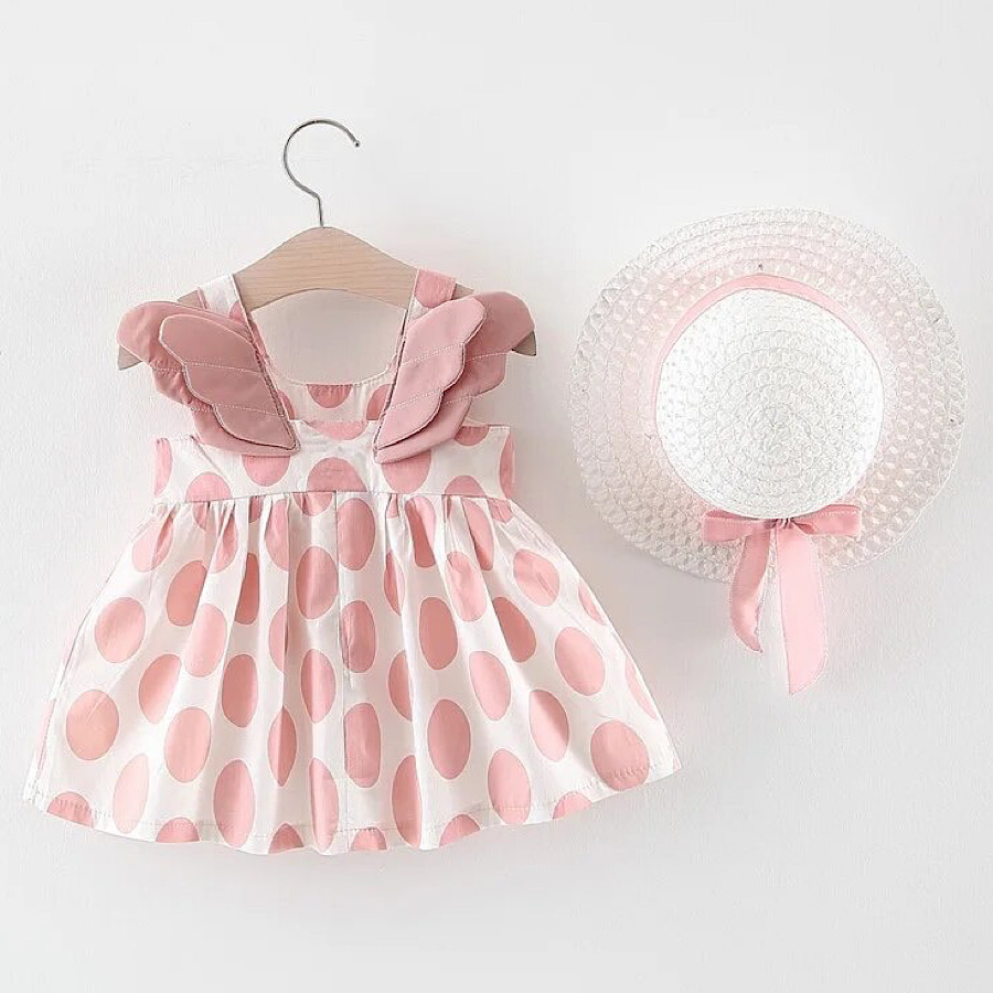 Baby Toddler Girl Pink And White Polka Dot Cotton Angel Wing Dress And Straw Hat 2pc Clothing Set Easter