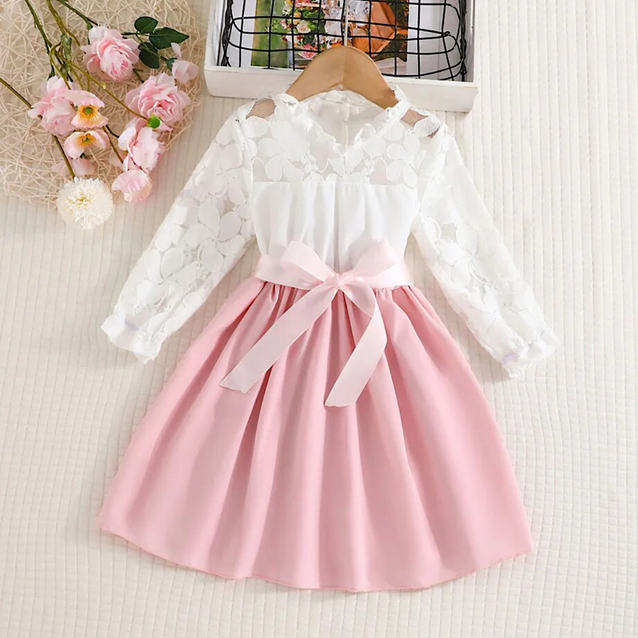Toddler Girls Pink Spring Dress Floral Lace Long Sleeve High Waist Dress Outfit Easter