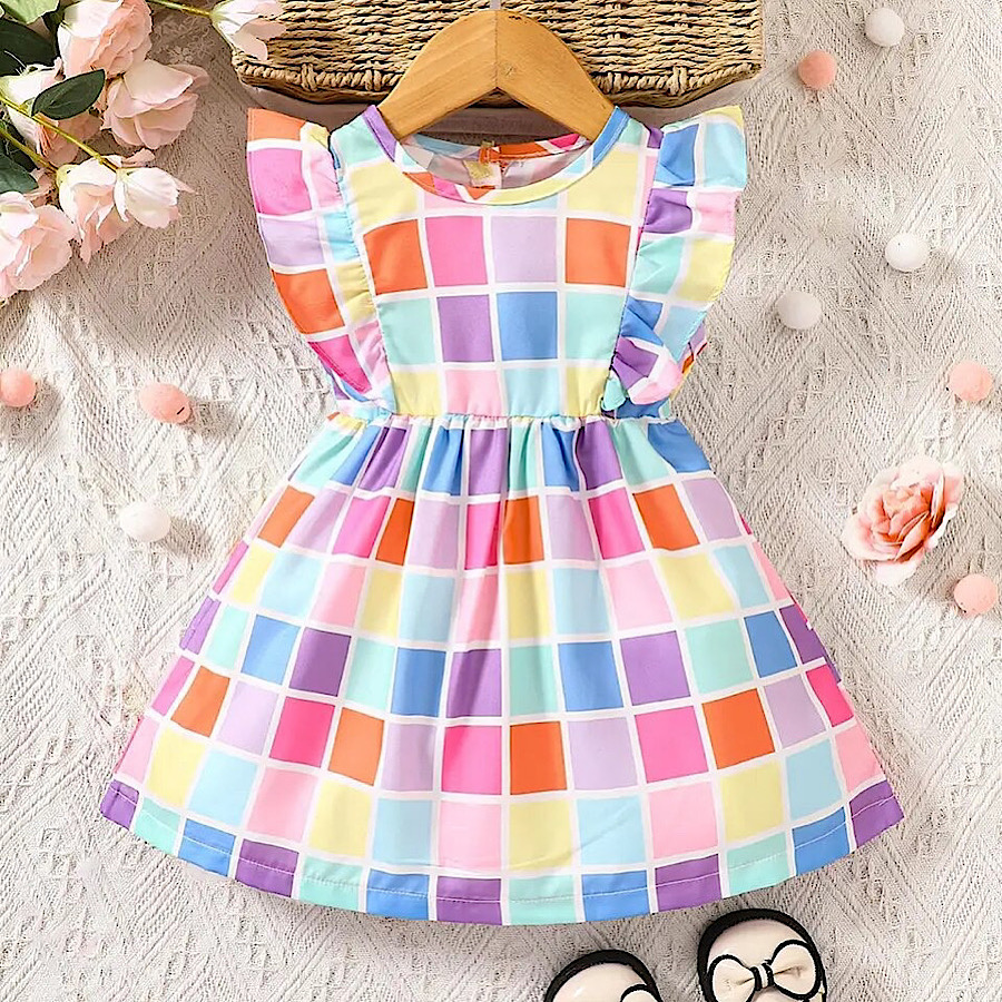 Baby Toddler Girls Colorful Dress Checkered Print Ruffled Fly Sleeve Casual Spring Summer Dress