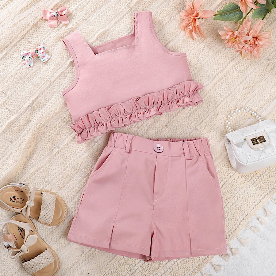 Toddler Girls Summer Outfit Pink Two-piece Ruffled Crop Top And Shorts Clothing Set