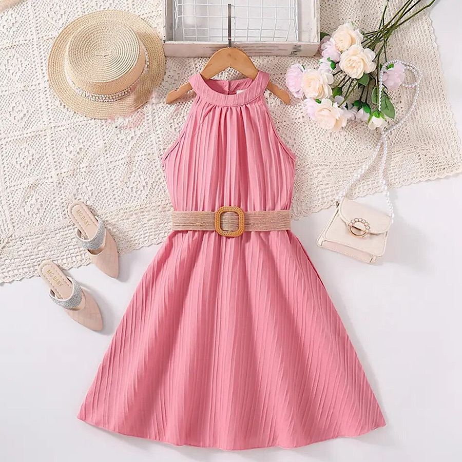 Toddler Little Girls Pink Ruched Belted Dress Spring Summer Solid Color Halter Neck Easter Dress
