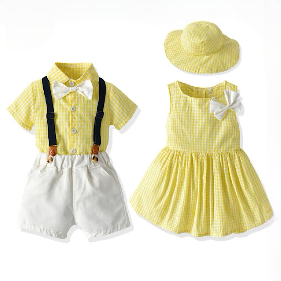Brother And Sister Matching Boys Yellow Checker Print Suit Suspender Shorts And Baby Toddler Girl Dress, Easter Outfit
