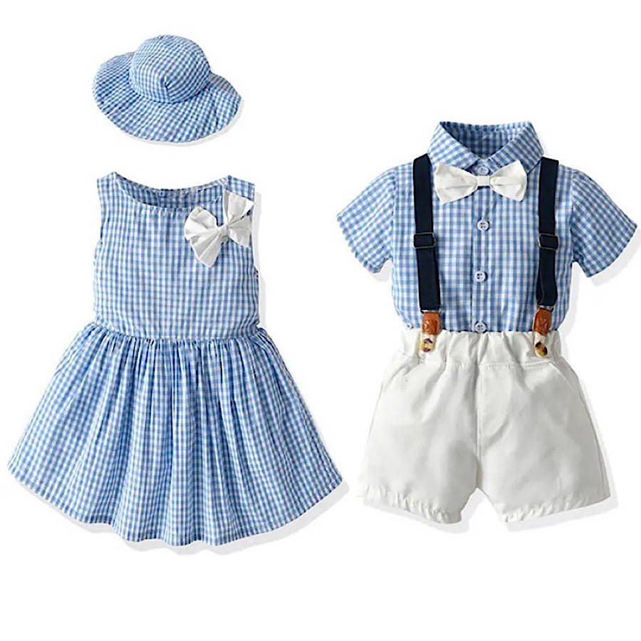 Brother And Sister Matching Boys Blue Checker Print Suit Suspender Shorts And Baby Toddler Girl Dress, Easter Outfit