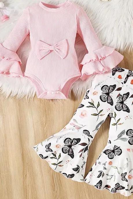 Baby And Toddler Girl Spring Outfit Pink Ruffle Long Sleeve Romper And Flare Bell Bottom Pants 2pc Set