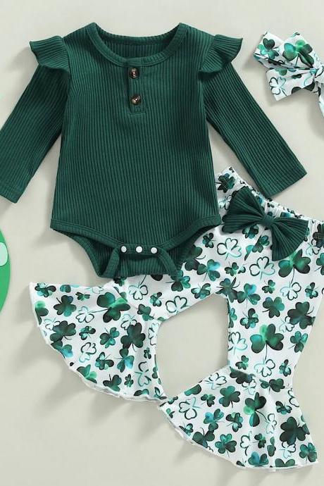 Baby Girl St. Patricks Day Outfit Long Sleeve Green Romper Clover Flared Bell Bottom Pants And Headband Set