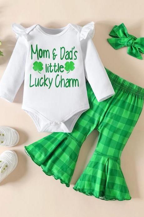Baby Girls St. Patricks Day Clothing Set Clover Print Long Sleeve Romper Green Plaid Checkered Flared Bell Bottom Pants Outfit