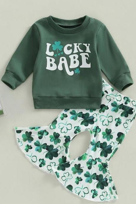 Baby And Toddler Girl Green St. Patricks Day Lucky Print Long Sleeve Sweatshirt And Clover Flared Bell Bottom Pants 2pc Set