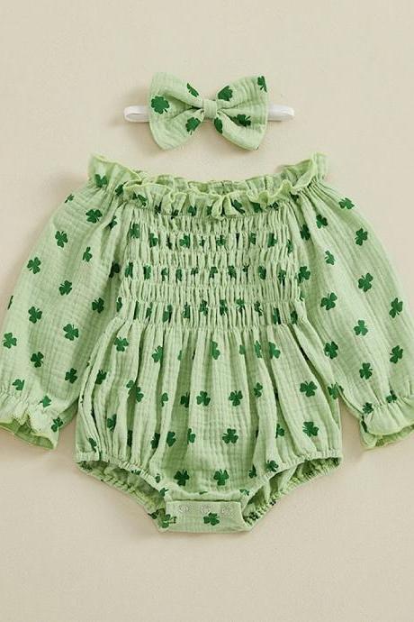 Infant Baby Girl St. Patrick's Day Outfit Long Sleeve Clover Print Romper Jumpsuit And Headband Set