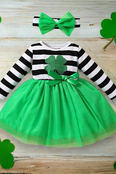 Baby And Toddler Girls Green And Black Striped Four-leaf Clover St. Patricks Day Princess Tutu Dress