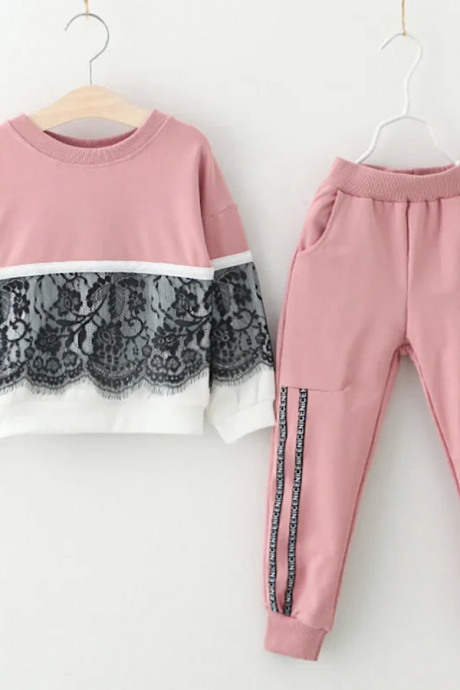 Toddler Girls Spring Casual Outfit Long Sleeve Pink Lace Sweatshirt And Jogger Pants Set