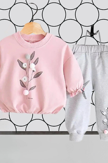 Baby And Toddler Girls Spring Casual Clothing Set Pink Floral Print Top And Gray Jogger Pants