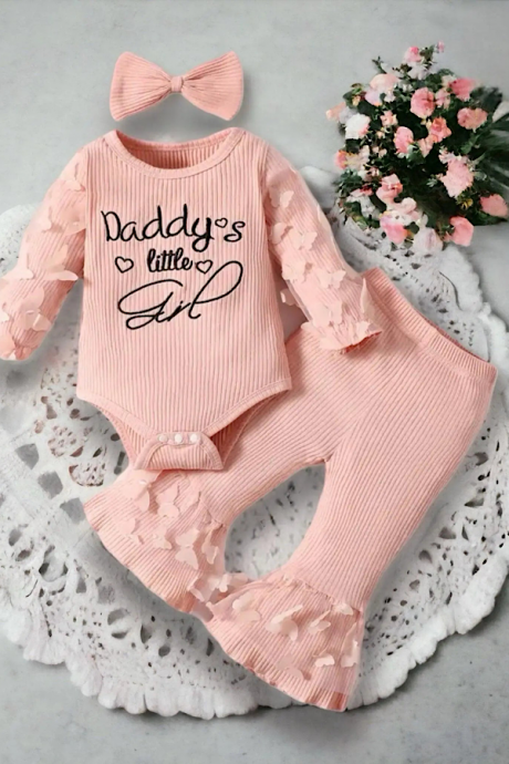 Baby Girl Daddy&amp;amp;#039;s Girl Clothes Set Ruffled Long Sleeve Romper Lace Flared Bell Bottoms And Headband Set