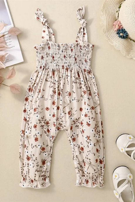 Baby Toddler Girls Sleeveless Romper Natural Beige Color Floral Print Ruffle Pants Jumpsuit Neutral